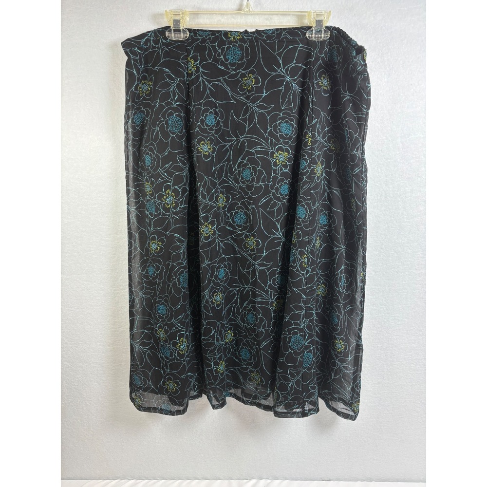 Kim Rogers Floral Midi Skirt Womens 1X Black Teal Polyester Cotton Boho Classic